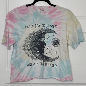 Y2K Vintage Tie Dye Crest Moon Face Stars Cropped Hipster T-Shirt Women’s M